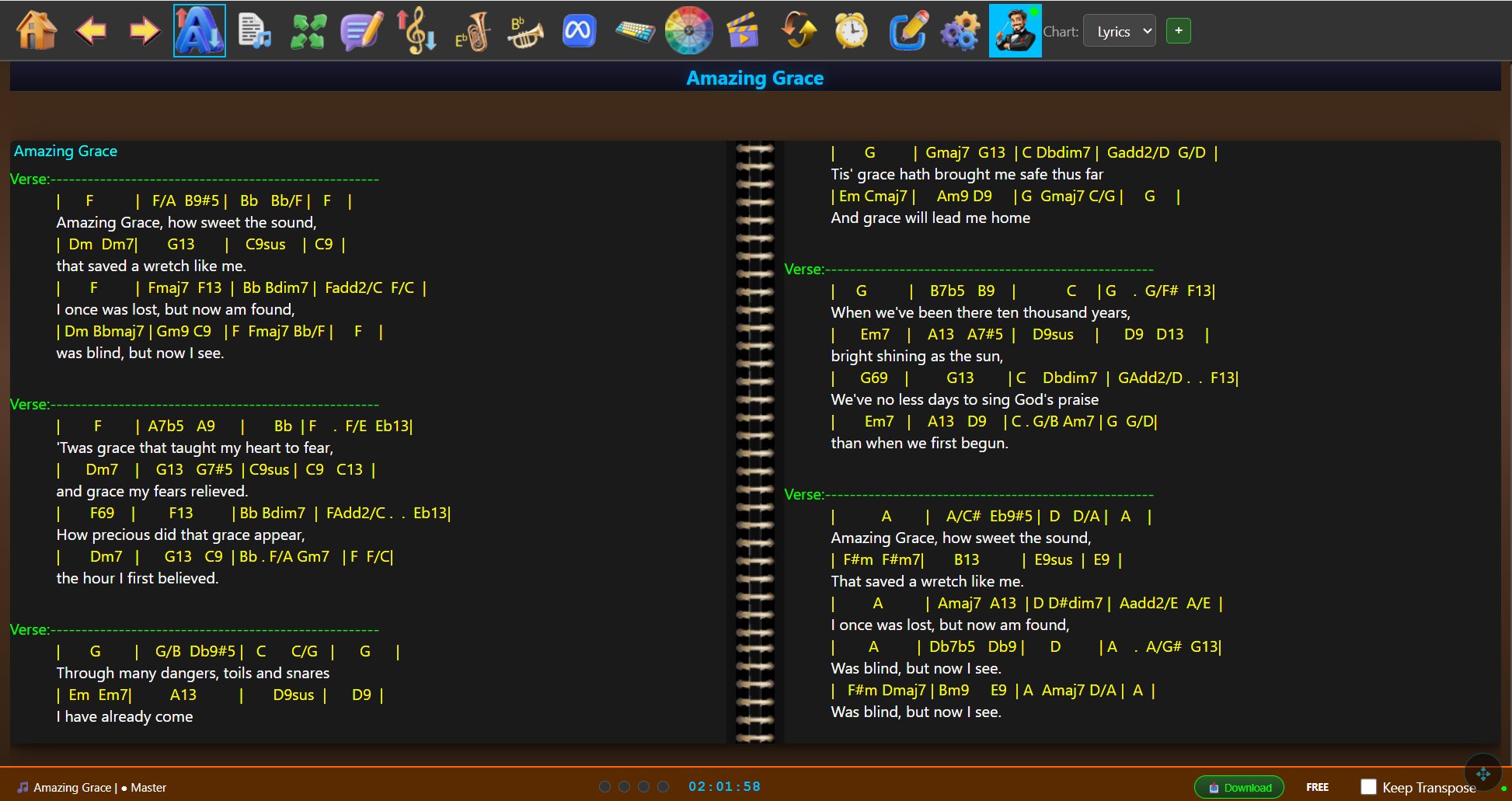 ShowTime in action — Amazing Grace in landscape chord chart view