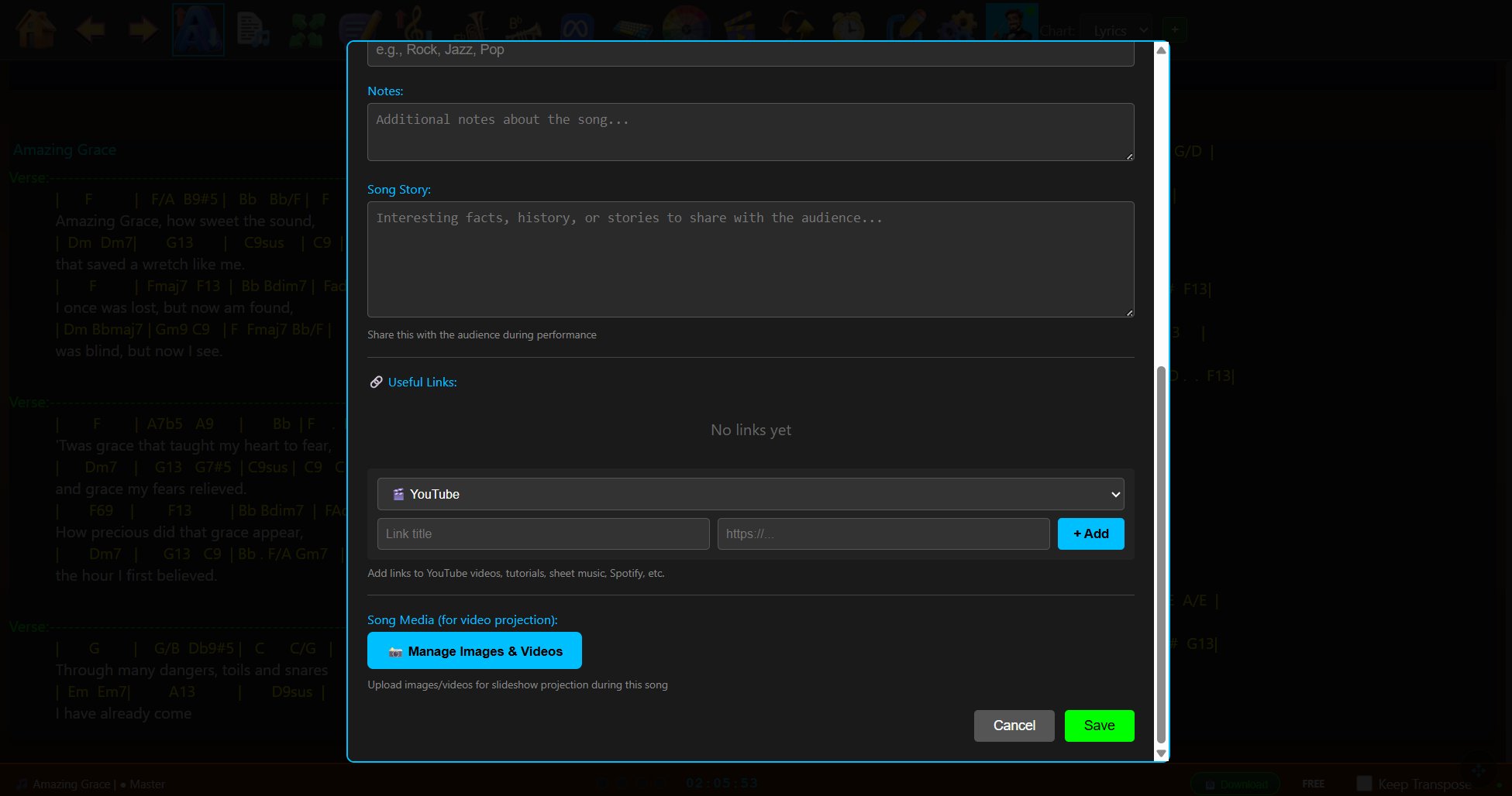 ShowTime useful links and song media manager