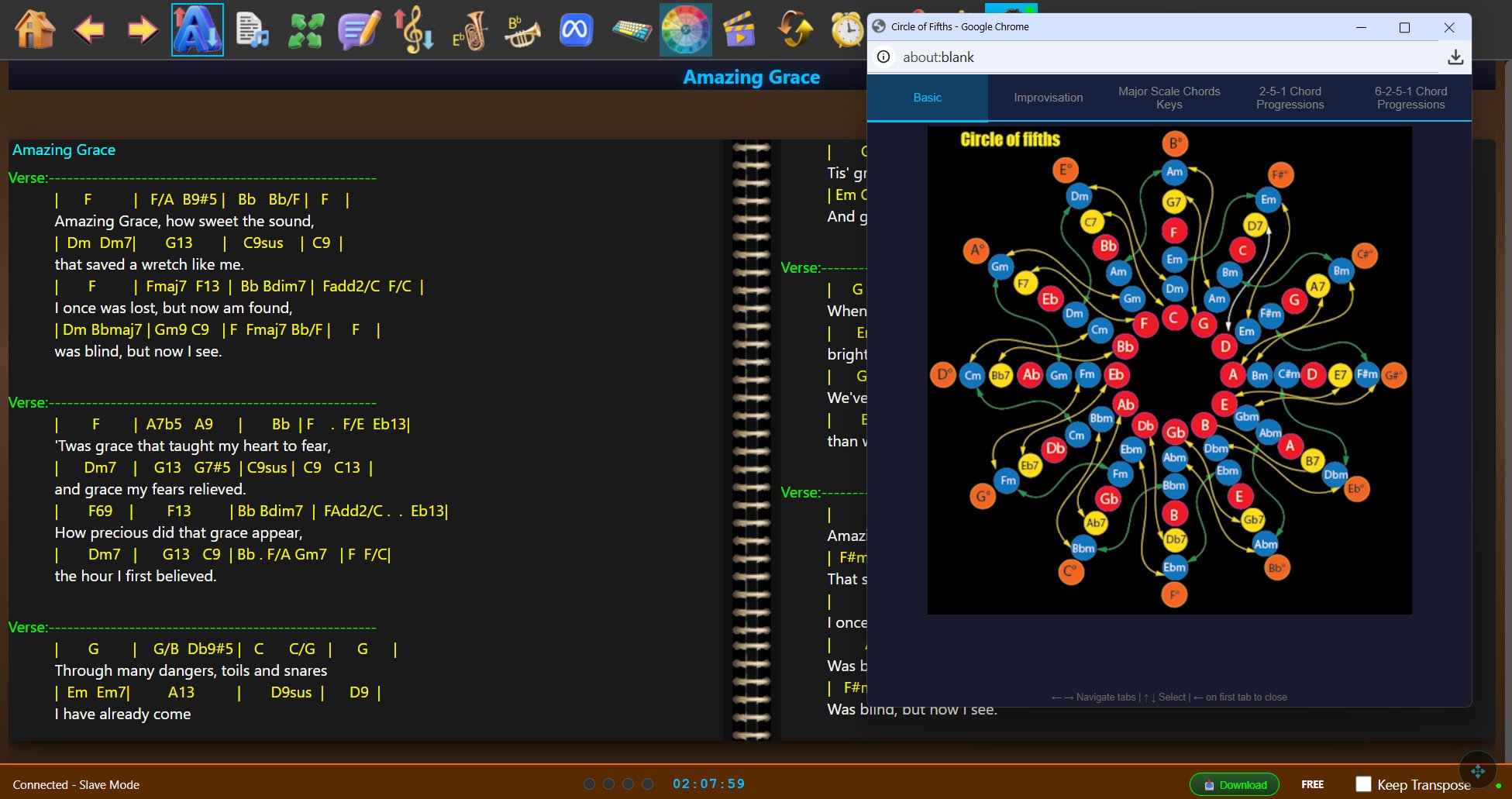 ShowTime Circle of Fifths popup with improvisation tabs