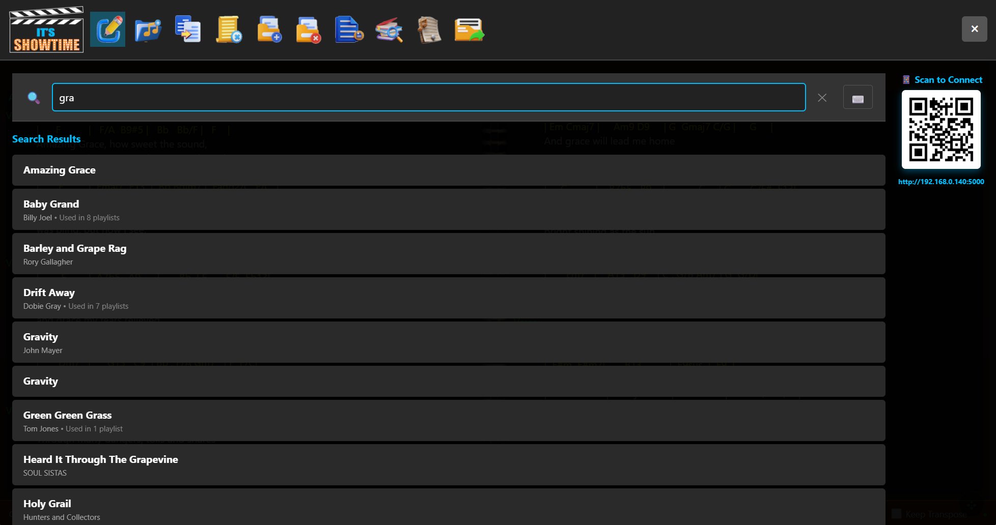 ShowTime song search with QR code to connect band members