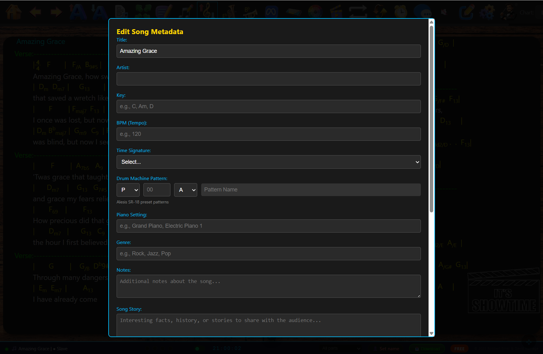 ShowTime song metadata — key, BPM, genre, notes