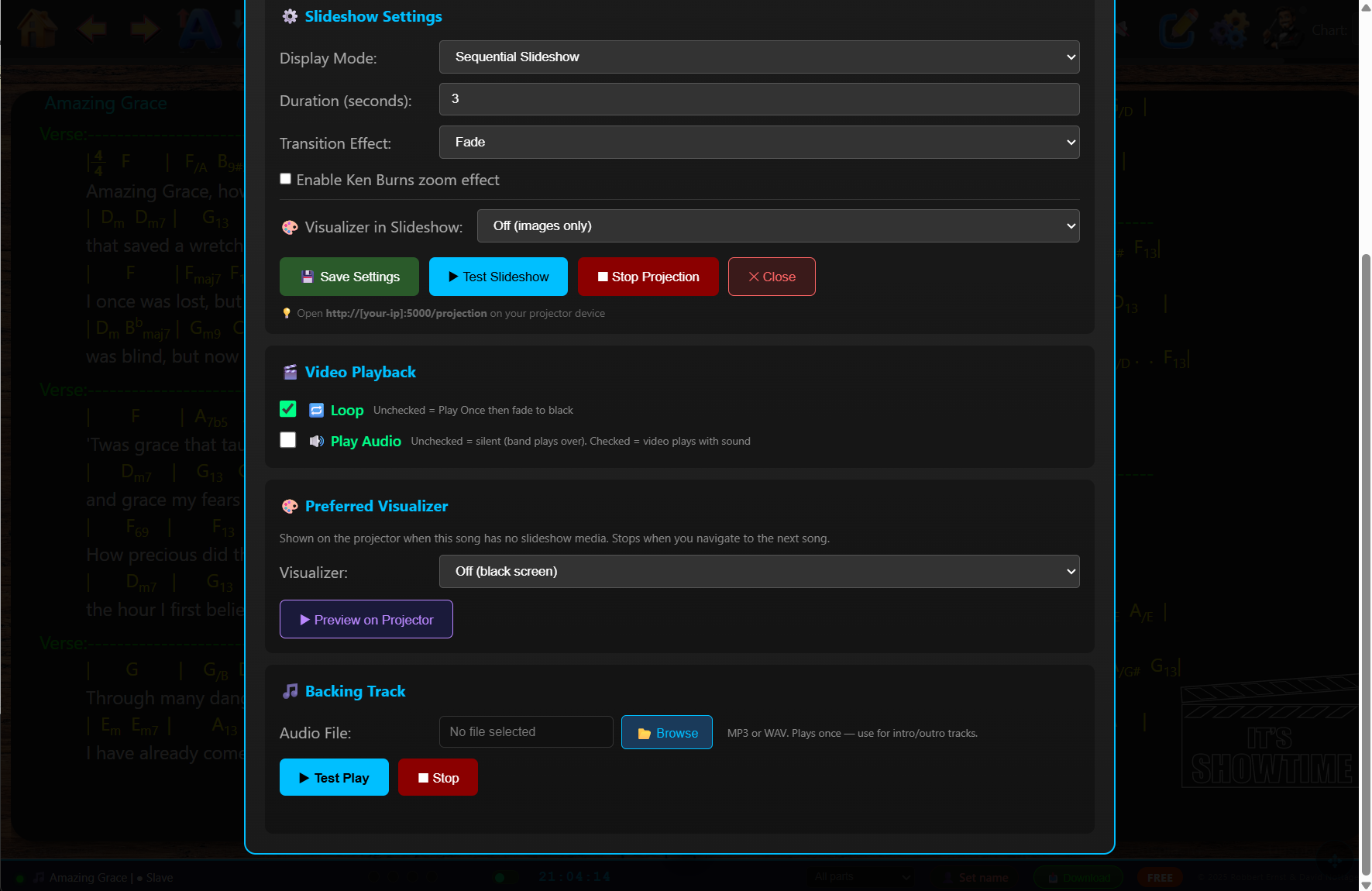 ShowTime visualiser and backing track settings