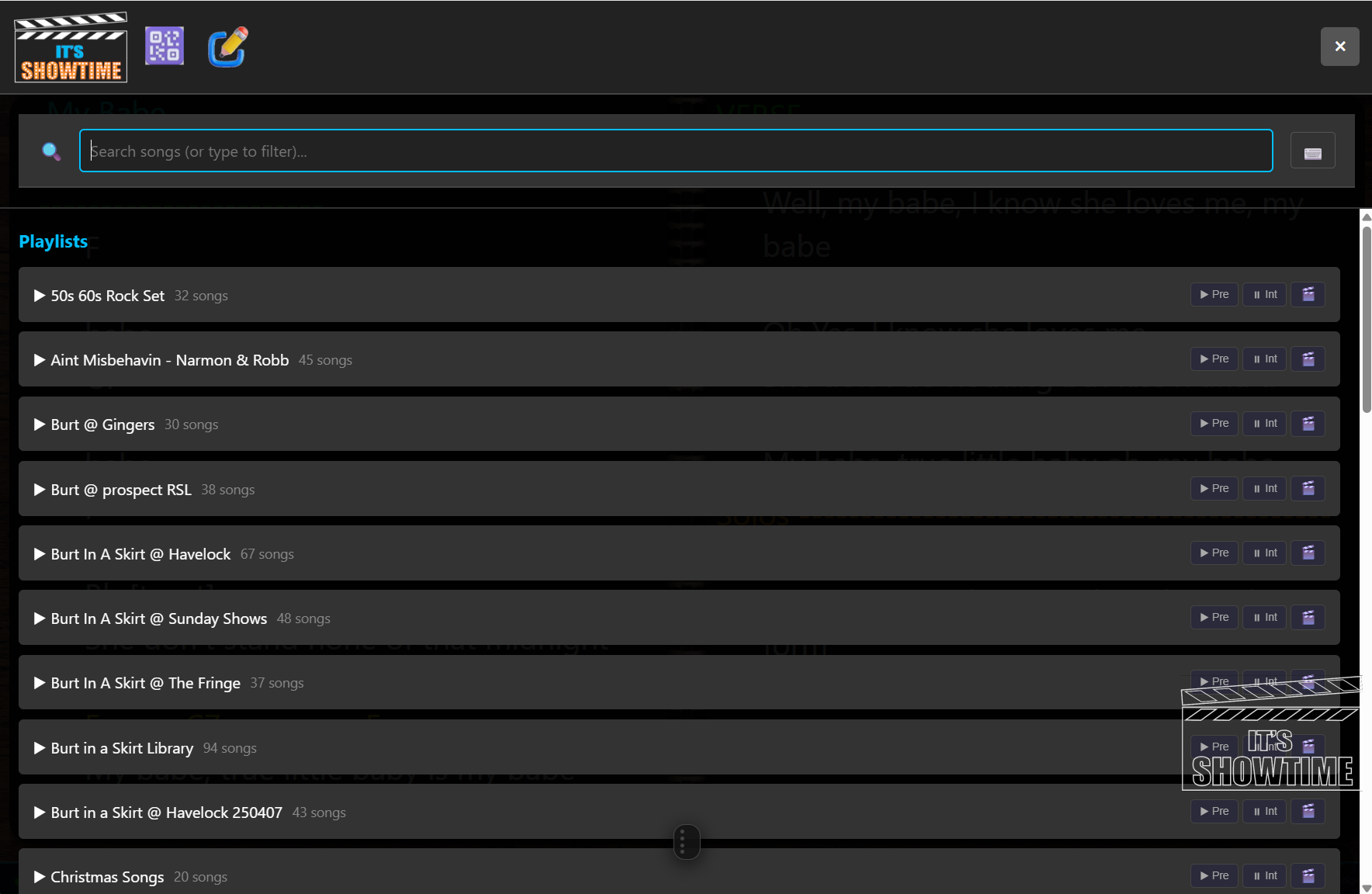 ShowTime song search screen